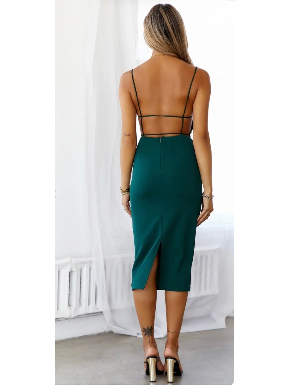 NWT HELLO MOLLY | Can’t Afford Me Square Neck Midi Dress in Dark Green Sz. 10 - Picture 4 of 7